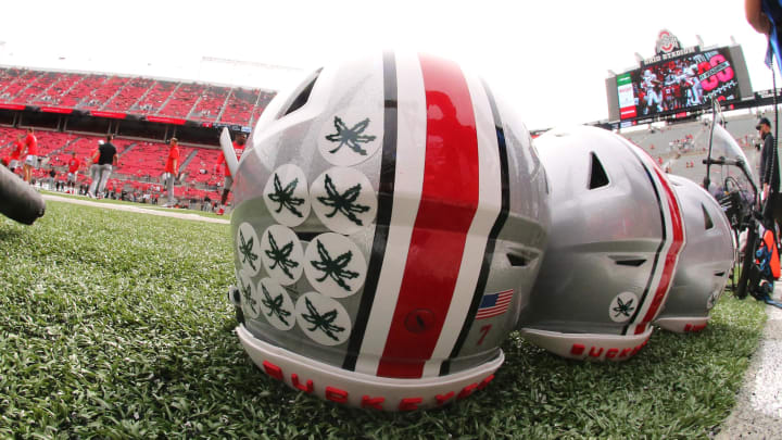 Sep 10, 2022; Columbus, Ohio, USA; Ohio State Buckeyes helmets before the game against the Arkansas State Red Wolves at Ohio Stadium. Mandatory Credit: Joseph Maiorana-USA TODAY Sports Sep 10, 2022; Columbus, Ohio, USA; Ohio State Buckeyes helmets before the game against the Arkansas State Red Wolves at Ohio Stadium. Mandatory Credit: Joseph Maiorana-USA TODAY Sports