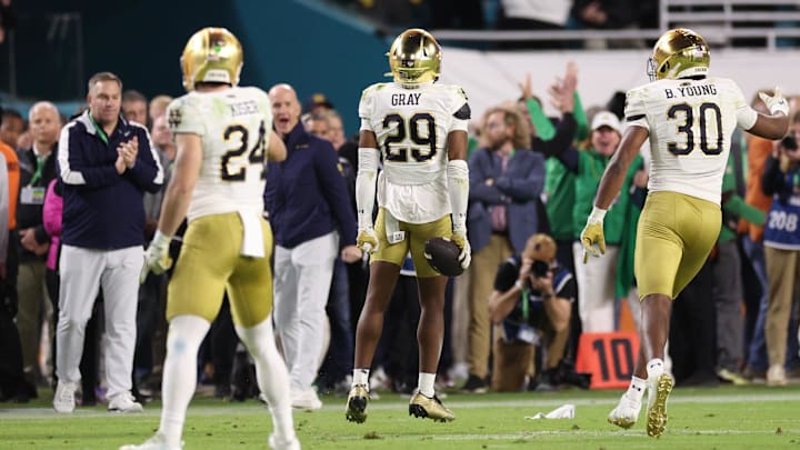 Jan 9, 2025; Miami, FL, USA; Notre Dame Fighting Irish cornerback Christian Gray (29) celebrates play in the second half against the Penn State Nittany Lions in the Orange Bowl at Hard Rock Stadium. Jan 9, 2025; Miami, FL, USA; Notre Dame Fighting Irish cornerback Christian Gray (29) celebrates play in the second half against the Penn State Nittany Lions in the Orange Bowl at Hard Rock Stadium.