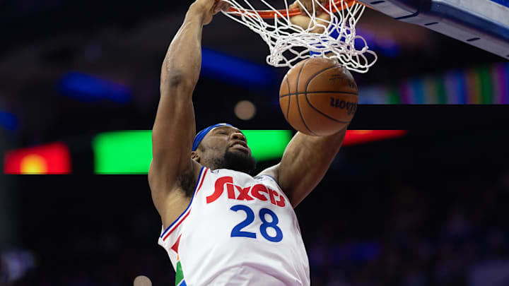 Jan 6, 2025; Philadelphia, Pennsylvania, USA; Philadelphia 76ers forward Guerschon Yabusele (28) dunks the ball against the Phoenix Suns during the first quarter at Wells Fargo Center. Mandatory Credit: Bill Streicher-Imagn Images