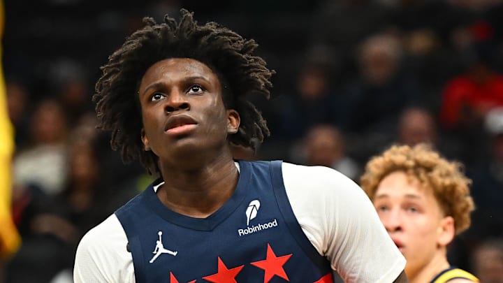 Feb 19, 2026; Washington, District of Columbia, USA; Washington Wizards guard Kadary Richmond (19) looks on against the Indiana Pacers during the first half at Capital One Arena.