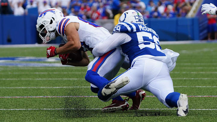 Aug 12, 2023; Orchard Park, New York, USA; Indianapolis Colts linebacker Cameron McGrone (59) tackles Buffalo Bills wide receiver Jalen Wayne (87) after he made a catch during the second half at Highmark Stadium. Mandatory Credit: Gregory Fisher-Imagn Images