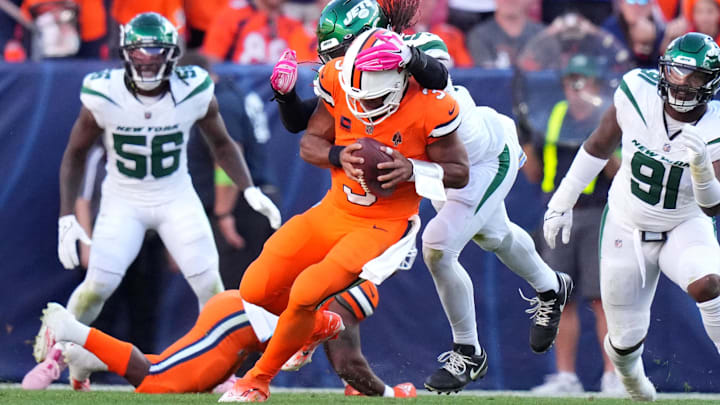 Oct 8, 2023; Denver, Colorado, USA; New York Jets linebacker C.J. Mosley (57) sacks Denver Broncos