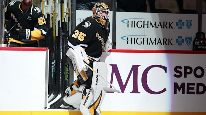 Jan 14, 2025; Pittsburgh, Pennsylvania, USA;  Pittsburgh Penguins goaltender Tristan Jarry (35) takes the ice against the Seattle Kraken during the first period at PPG Paints Arena. Mandatory Credit: Charles LeClaire-Imagn Images
