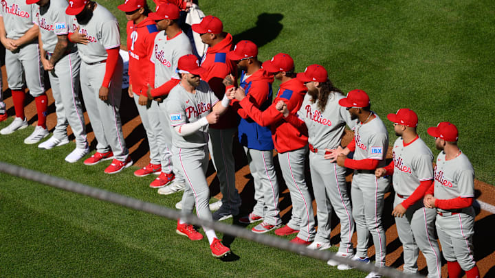 Mar 27, 2025; Washington, District of Columbia, USA; Philadelphia Phillies first base Bryce Harper (3) is introduced prior to the game between the Washington Nationals and the Philadelphia Phillies at Nationals Park. 