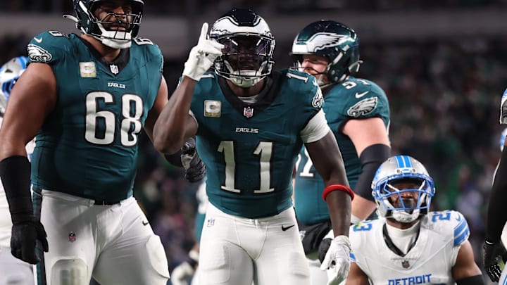 Nov 16, 2025; Philadelphia, Pennsylvania, USA; Philadelphia Eagles wide receiver A.J. Brown (11) reacts against the Detroit Lions during the first half at Lincoln Financial Field. Mandatory Credit: Bill Streicher-Imagn Images Nov 16, 2025; Philadelphia, Pennsylvania, USA; Philadelphia Eagles wide receiver A.J. Brown (11) reacts against the Detroit Lions during the first half at Lincoln Financial Field. Mandatory Credit: Bill Streicher-Imagn Images
