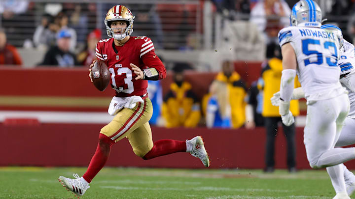 Dec 30, 2024; Santa Clara, California, USA; San Francisco 49ers quarterback Brock Purdy (13) during the game against the Detroit Lions at Levi's Stadium. Mandatory Credit: Sergio Estrada-Imagn Images