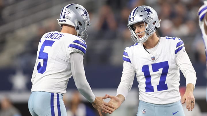 Dallas Cowboys place kicker Brandon Aubrey is congratulated by safety Donovan Wilson after making a field goal against the Tampa Bay Buccaneers in the second quarter at AT&T Stadium. Dallas Cowboys place kicker Brandon Aubrey is congratulated by safety Donovan Wilson after making a field goal against the Tampa Bay Buccaneers in the second quarter at AT&T Stadium.
