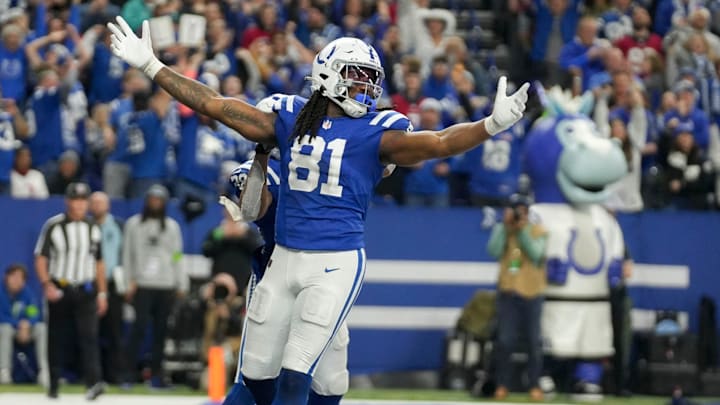 Indianapolis Colts tight end Mo Alie-Cox (81) reacts after making a catch for a two-point conversion Saturday, Jan. 6, 2024, during a game against the Houston Texans at Lucas Oil Stadium in Indianapolis. Indianapolis Colts tight end Mo Alie-Cox (81) reacts after making a catch for a two-point conversion Saturday, Jan. 6, 2024, during a game against the Houston Texans at Lucas Oil Stadium in Indianapolis.