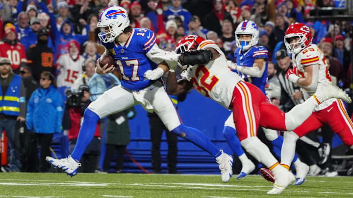 Nov 17, 2024; Orchard Park, New York, USA; Buffalo Bills quarterback Josh Allen (17). Nov 17, 2024; Orchard Park, New York, USA; Buffalo Bills quarterback Josh Allen (17).