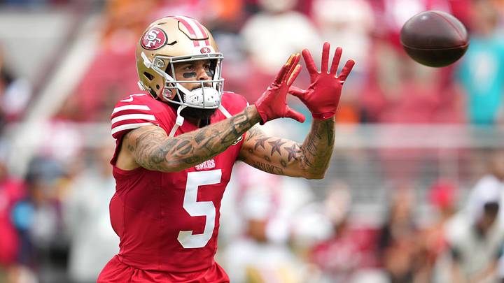 Sep 20, 2026; Santa Clara, California, USA; San Francisco 49ers wide receiver Mike Evans (5) warms up prior to the game against the Miami Dolphins at Levi's Stadium. Mandatory Credit: Cary Edmondson-Imagn Images Sep 20, 2026; Santa Clara, California, USA; San Francisco 49ers wide receiver Mike Evans (5) warms up prior to the game against the Miami Dolphins at Levi's Stadium. Mandatory Credit: Cary Edmondson-Imagn Images