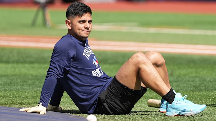 Aug 27, 2025; Toronto, Ontario, CAN; Toronto Blue Jays second baseman Andres Gimenez (0) takes a break during batting practice before a game against the Minnesota Twins at Rogers Centre. 