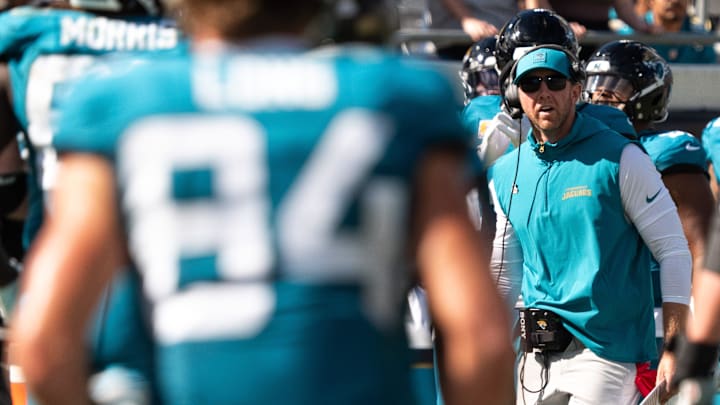 Jacksonville Jaguars head coach Liam Coen reacts to not getting a touchdown during the fourth quarter in an NFL football game at EverBank Stadium, Sunday, Oct. 12, 2025, in Jacksonville, Fla. [Doug Engle/Florida Times-Union]
