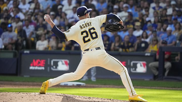 Oct 4, 2025; Milwaukee, Wisconsin, USA; Milwaukee Brewers pitcher Aaron Ashby (26) pitches against the Chicago Cubs during the seventh inning of game one of the NLDS round for the 2025 MLB playoffs at American Family Field. Mandatory Credit: Michael McLoone-Imagn Images