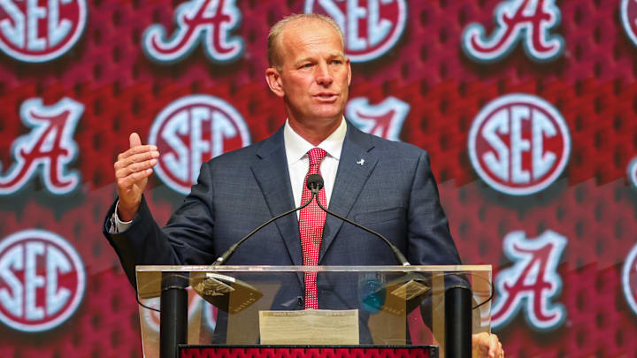 Jul 16, 2025; Atlanta, GA, USA; University of Alabama head coach Kalen Deboer talks to the media during the SEC Media Days at Omni Atlanta Hotel. Mandatory Credit: Jordan Godfree-Imagn Images