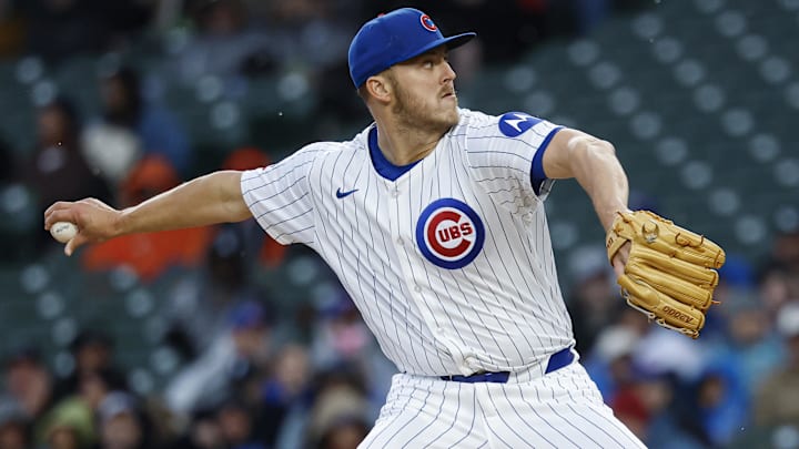 Apr 20, 2025; Chicago, Illinois, USA; Chicago Cubs starting pitcher Jameson Taillon (50) delivers a pitch against the Arizona Diamondbacks during the first inning at Wrigley Field.