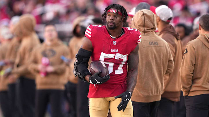 Nov 19, 2023; Santa Clara, California, USA; San Francisco 49ers linebacker Dre Greenlaw (57) during the third quarter against the Tampa Bay Buccaneers at Levi's Stadium. Mandatory Credit: Darren Yamashita-Imagn Images