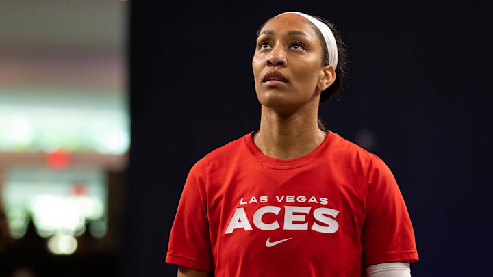A'ja Wilson (22, Las Vegas Aces) warms up before a May 13, 2022 WNBA game. A'ja Wilson (22, Las Vegas Aces) warms up before a May 13, 2022 WNBA game.