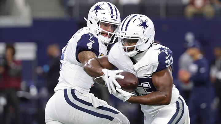 Dallas Cowboys quarterback Dak Prescott (4) hands the ball to running back Javonte Williams (33) during warmups before a game against the Washington Commanders at AT&T Stadium. Mandatory Credit: Kevin Jairaj-Imagn Images Dallas Cowboys quarterback Dak Prescott (4) hands the ball to running back Javonte Williams (33) during warmups before a game against the Washington Commanders at AT&T Stadium. Mandatory Credit: Kevin Jairaj-Imagn Images