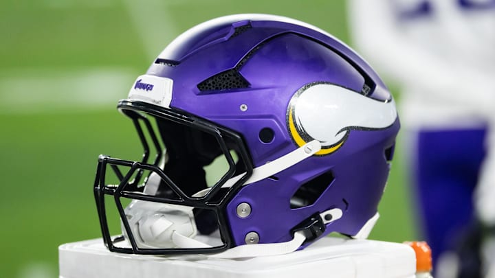 Jan 13, 2025; Glendale, AZ, USA; Detailed view of a Minnesota Vikings helmet during an NFC wild card game at State Farm Stadium. Mandatory Credit: Mark J. Rebilas-Imagn Images Jan 13, 2025; Glendale, AZ, USA; Detailed view of a Minnesota Vikings helmet during an NFC wild card game at State Farm Stadium. Mandatory Credit: Mark J. Rebilas-Imagn Images