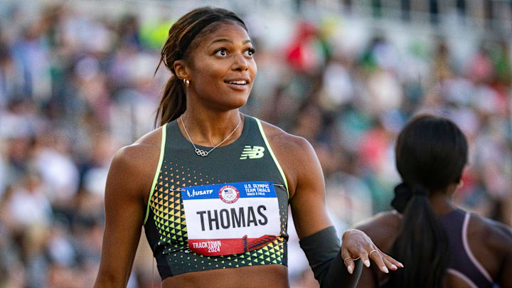Gabby Thomas reacts after winning the semifinals of the women’s 200 meter dash during day eight of the U.S. Olympic Track & Field Trials.