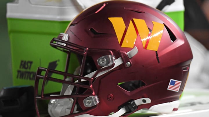 Nov 14, 2024; Philadelphia, Pennsylvania, USA; Washington Commanders helmet sits on the sidelines against the Philadelphia Eagles at Lincoln Financial Field. Mandatory Credit: Eric Hartline-Imagn Images