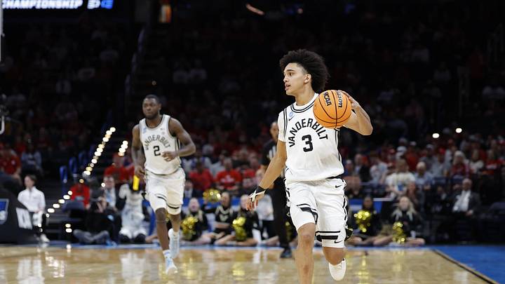 Mar 19, 2026; Oklahoma City, OK, USA; Vanderbilt Commodores guard Tyler Tanner (3) dribbles downcourt during the first half against the McNeese Cowboys during a first round game of the men's 2026 NCAA Tournament at Paycom Center. Mandatory Credit: Alonzo Adams-Imagn Images