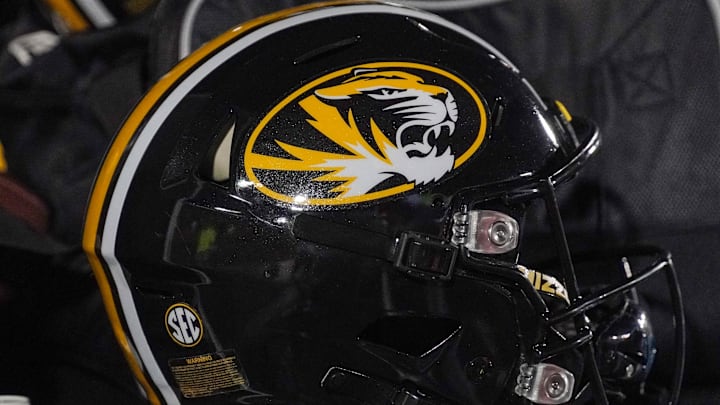 Oct 1, 2022; Columbia, Missouri, USA; A general view of a Missouri Tigers helmet against the Georgia Bulldogs during the game at Faurot Field at Memorial Stadium. Mandatory Credit: Denny Medley-Imagn Images