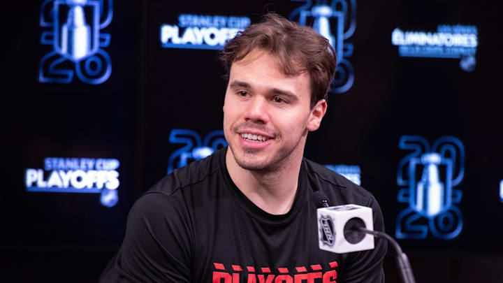 Apr 25, 2026; Ottawa, Ontario, CAN; Carolina Hurricanes center Logan Stankoven (22) speaks to the media following their win against the Ottawa Senators in game four of the first round of the 2026 Stanley Cup Playoffs at the Canadian Tire Centre. Mandatory Credit: Marc DesRosiers-Imagn