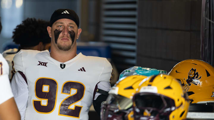 Nov 30, 2024; Tucson, Arizona, USA; Arizona State Sun Devils defensive lineman Zac Swanson (92) against the Arizona Wildcats during the Territorial Cup at Arizona Stadium. Mandatory Credit: Mark J. Rebilas-Imagn Images