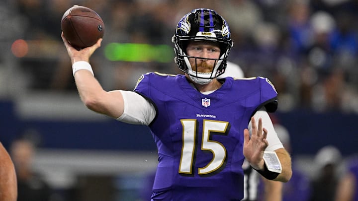 Aug 16, 2025; Arlington, Texas, USA; Baltimore Ravens quarterback Cooper Rush (15) throws the ball during the game between the Dallas Cowboys and the Baltimore Ravens at AT&T Stadium. Mandatory Credit: Jerome Miron-Imagn Images