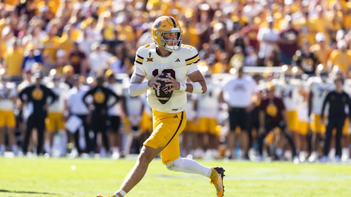 Tempe, Arizona, USA; Arizona State Sun Devils quarterback Sam Leavitt (10) against the Texas Tech Red Raiders at Mountain America Stadium.
