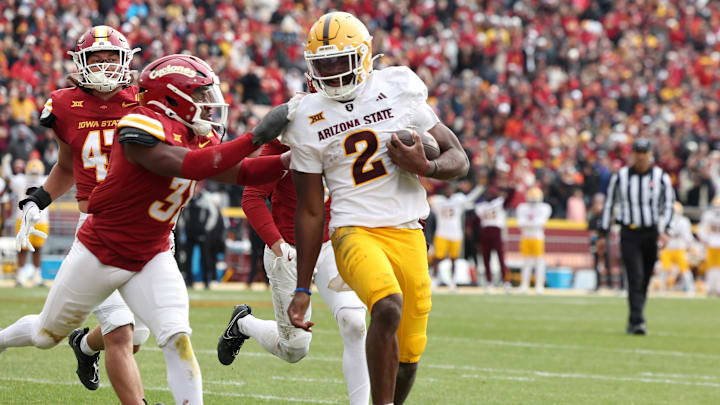 Nov 1, 2025; Ames, Iowa, USA;  Arizona State Sun Devils quarterback Jeff Sims (2)  runs the football against the Iowa State Cyclones during the first half at Jack Trice Stadium. Mandatory Credit: Reese Strickland-Imagn Images