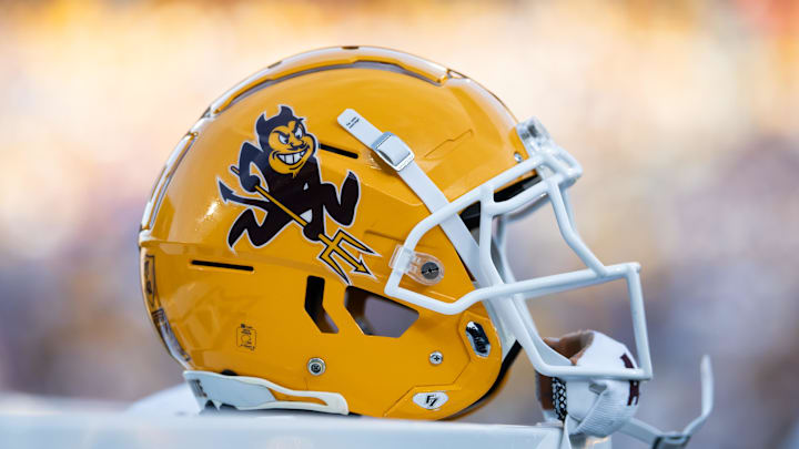 Nov 23, 2024; Tempe, Arizona, USA; Detailed view of an Arizona State Sun Devils helmet at Mountain America Stadium. Mandatory Credit: Mark J. Rebilas-Imagn Images Nov 23, 2024; Tempe, Arizona, USA; Detailed view of an Arizona State Sun Devils helmet at Mountain America Stadium. Mandatory Credit: Mark J. Rebilas-Imagn Images