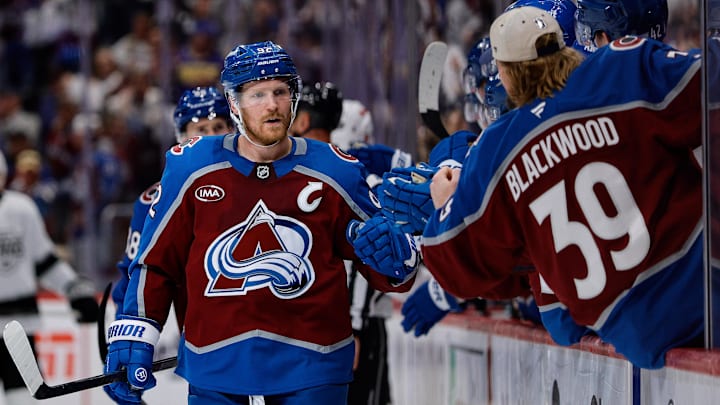 Apr 21, 2026; Denver, Colorado, USA; Colorado Avalanche left wing Gabriel Landeskog (92) celebrates with the bench after his goal in the third period against the Los Angeles Kings in game two of the first round of the 2026 Stanley Cup Playoffs at Ball Arena. Mandatory Credit: Isaiah J. Downing-Imagn Images