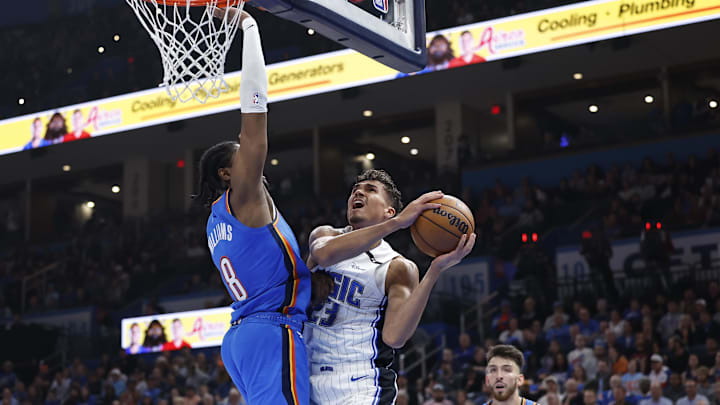 Nov 4, 2024; Oklahoma City, Oklahoma, USA; Orlando Magic forward Tristan da Silva (23) is defended by Oklahoma City Thunder forward Jalen Williams (8) on a shot during the second quarter at Paycom Center. Mandatory Credit: Alonzo Adams-Imagn Images Nov 4, 2024; Oklahoma City, Oklahoma, USA; Orlando Magic forward Tristan da Silva (23) is defended by Oklahoma City Thunder forward Jalen Williams (8) on a shot during the second quarter at Paycom Center. Mandatory Credit: Alonzo Adams-Imagn Images