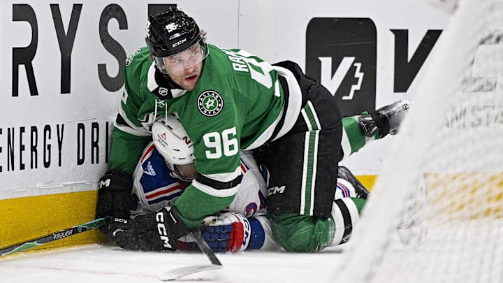 Apr 11, 2026; Dallas, Texas, USA; Dallas Stars right wing Mikko Rantanen (96) takes down New York Rangers left wing Tye Kartye (24) during the second period at the American Airlines Center. Mandatory Credit: Jerome Miron-Imagn Images Apr 11, 2026; Dallas, Texas, USA; Dallas Stars right wing Mikko Rantanen (96) takes down New York Rangers left wing Tye Kartye (24) during the second period at the American Airlines Center. Mandatory Credit: Jerome Miron-Imagn Images