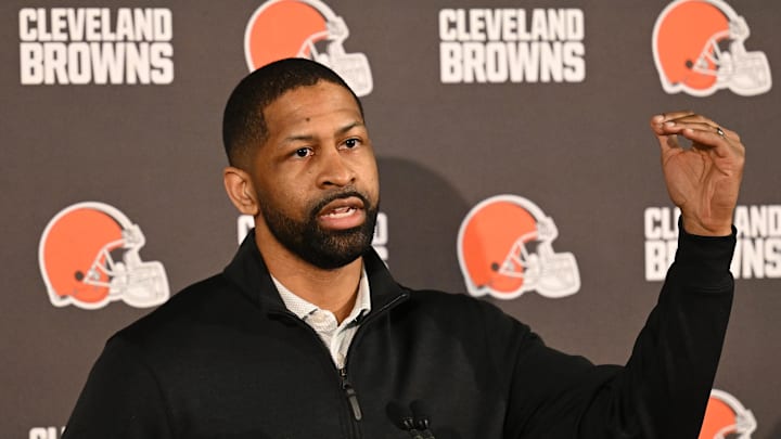 Feb 3, 2026; Berea, OH, USA; Executive vice president, football operations and general manager  Andrew Berry speaks to the media during a press conference to introduce new head coach Todd Monken at CrossCountry Mortgage Campus. Mandatory Credit: Ken Blaze-Imagn Images