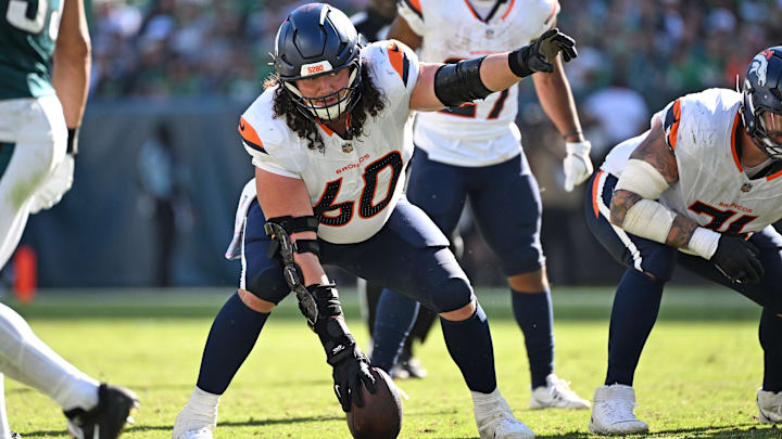 Oct 5, 2025; Philadelphia, Pennsylvania, USA; Denver Broncos center Luke Wattenberg (60) against the Philadelphia Eagles at Lincoln Financial Field. Mandatory Credit: Eric Hartline-Imagn Images