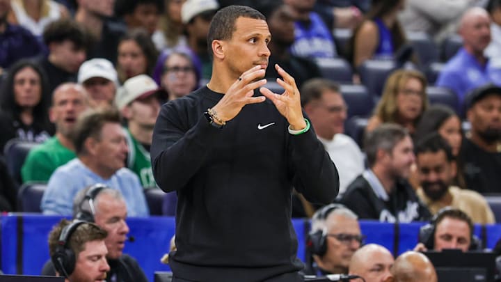 Apr 9, 2025; Orlando, Florida, USA; Boston Celtics head coach Joe Mazzulla motions to the court during the second quarter against the Orlando Magic at Kia Center. Mandatory Credit: Mike Watters-Imagn Images