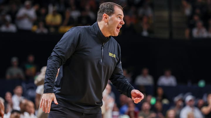 Feb 28, 2026; Orlando, Florida, USA; Baylor Bears head coach Scott Drew reacts during the second half against the UCF Knights at Addition Financial Arena.