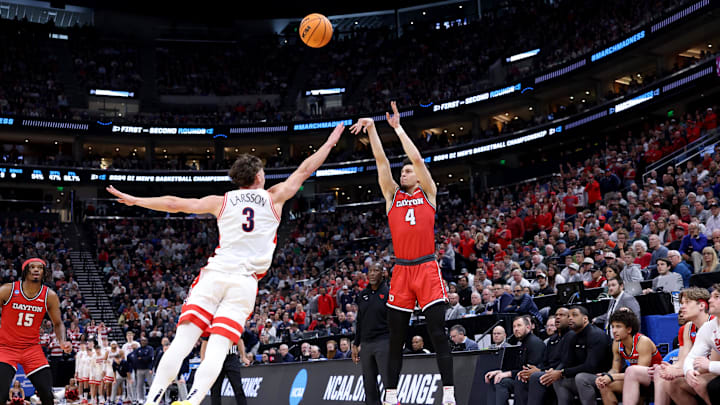 Mar 23, 2024; Salt Lake City, UT, USA; Dayton Flyers guard Koby Brea (4) shoots against Arizona