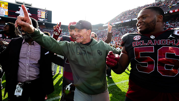 Nov 22, 2025; Norman, Oklahoma, USA;  Oklahoma Sooners head coach Brent Venables reacts after the game against the Missouri Tigers at Gaylord Family-Oklahoma Memorial Stadium. 