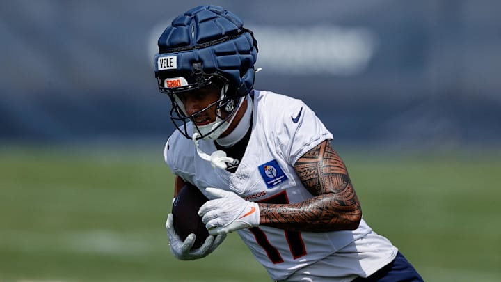 Jul 24, 2025; Englewood, CO, USA; Denver Broncos wide receiver Devaughn Vele (17) during Denver Broncos Training Camp. 