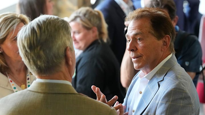 Aug. 6, 2025; Tuscaloosa, AL, USA; Nick Saban talks to supporters during the groundbreaking ceremony for the Saban Center at the Tuscaloosa River Market.
