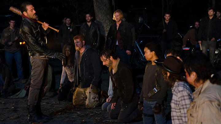Danai Gurira as Michonne; Michael Cudlitz as Sgt Abraham Ford; Lauren Cohan as Maggie Greene; Andrew Lincoln as Rick Grimes; Sonequa Martin-Green as Sasha; Jeffrey Dean Morgan as Negan Chandler Riggs as Carl Grimes; Josh McDermitt as Dr Eugene Porter - The Walking Dead _ Season 6, Episode 16 - Photo Credit: Gene Page/AMC