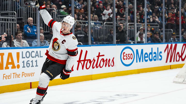 Mar 9, 2026; Vancouver, British Columbia, CAN; Ottawa Senators forward Brady Tkachuk (7) celebrates his goal against the Vancouver Canucks in the third period at Rogers Arena. Mandatory Credit: Bob Frid-Imagn Images