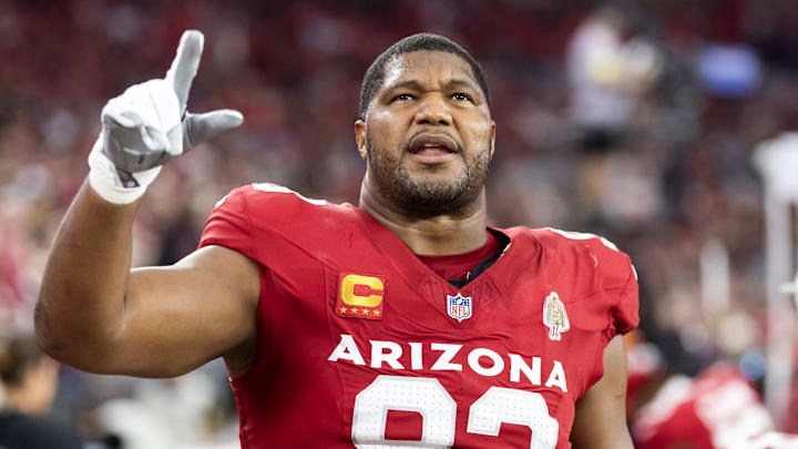 Nov 23, 2025; Glendale, Arizona, USA; Arizona Cardinals defensive lineman Calais Campbell (93) against the Jacksonville Jaguars at State Farm Stadium. Mandatory Credit: Mark J. Rebilas-Imagn Images