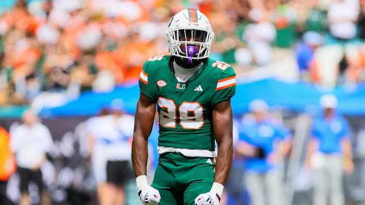 Nov 2, 2024; Miami Gardens, Florida, USA; Miami Hurricanes defensive back OJ Frederique Jr. (29) reacts after breaking pass  against the Duke Blue Devils during the first quarter at Hard Rock Stadium. Mandatory Credit: Sam Navarro-Imagn Images