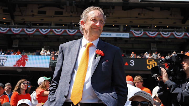 Apr 5, 2024; San Francisco, California, USA; San Francisco Giants president and chief executive officer Larry Baer looks on from the stands during the third inning against the San Diego Padres at Oracle Park. Mandatory Credit: Kelley L Cox-Imagn Images