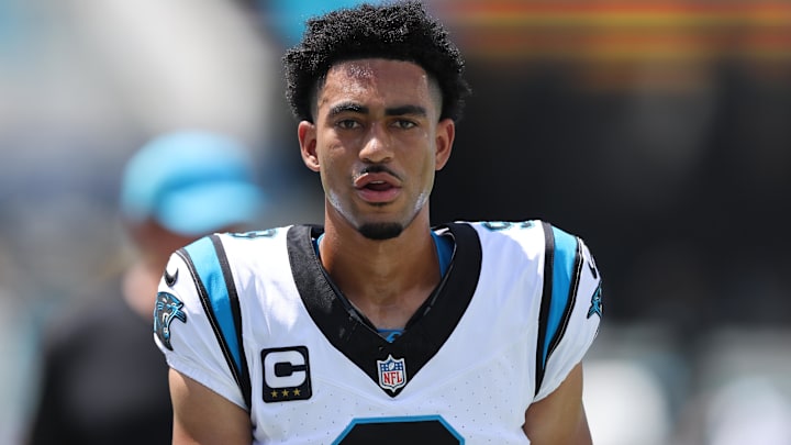 Carolina Panthers quarterback Bryce Young (9) on the field prior to a game against the Jacksonville Jaguars at EverBank Stadium. Carolina Panthers quarterback Bryce Young (9) on the field prior to a game against the Jacksonville Jaguars at EverBank Stadium.